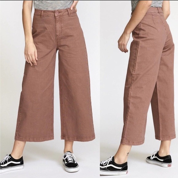RVCA Niku High Rise Cropped Wide Leg Trouser Pants Size 28 Nutmeg - Picture 2 of 12